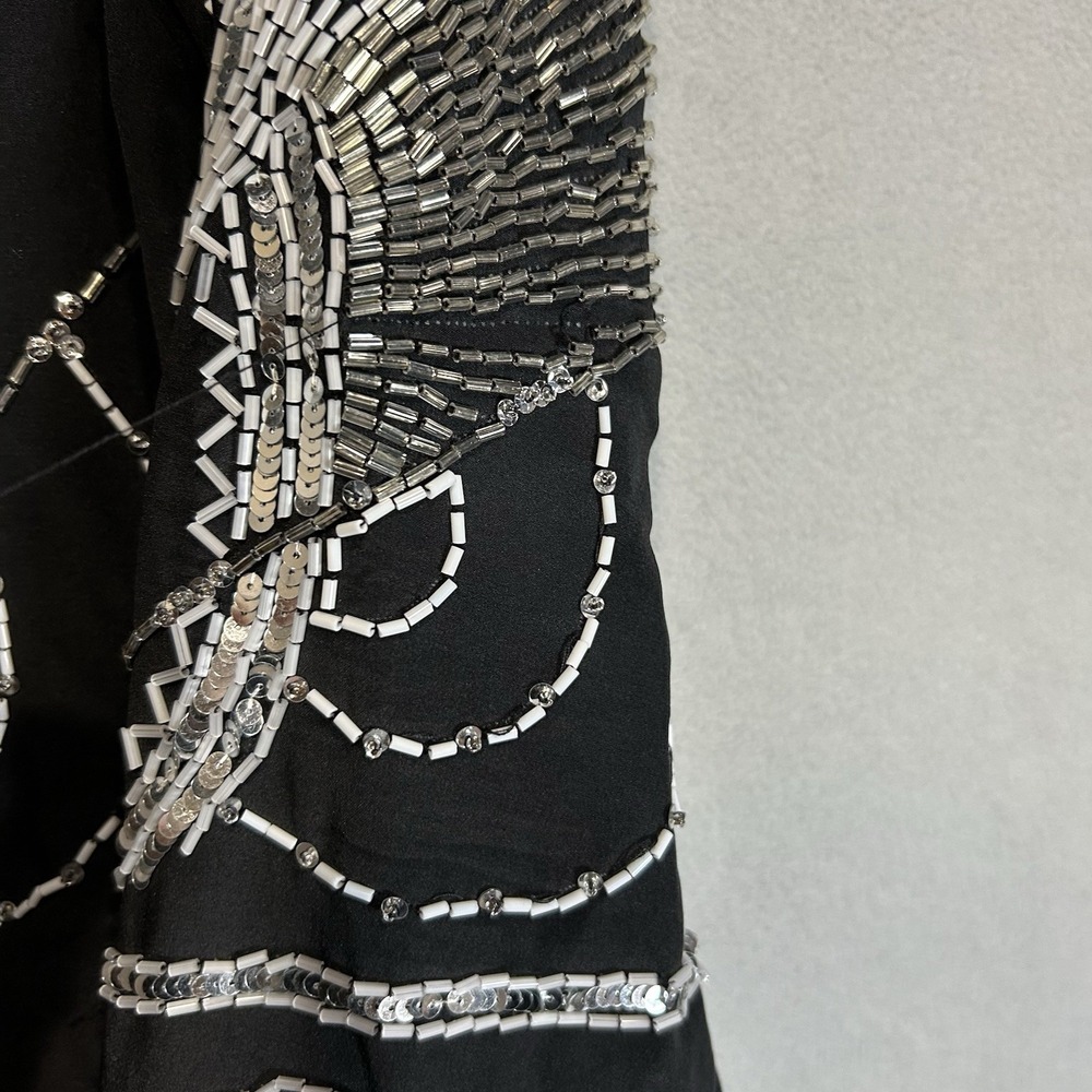 A.J. BARI Vintage Silk Beaded‎ Black Silver Long Sleeve Dress Coquette Size 14 - Picture 6 of 8